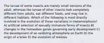 The larvae of some insects are merely small versions of the adult, whereas the larvae of other insects look completely different from adults, eat different foods, and may live in different habitats. Which of the following is most directly involved in the evolution of these variations in metamorphosis? A) artificial selection of sexually immature forms of insects B) changes in the homeobox genes governing early development C) the development of an oxidizing atmosphere on Earth D) the origin of a brain E) the evolution of meiosis