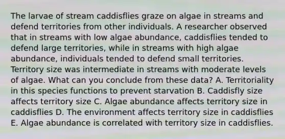 The larvae of stream caddisflies graze on algae in streams and defend territories from other individuals. A researcher observed that in streams with low algae abundance, caddisflies tended to defend large territories, while in streams with high algae abundance, individuals tended to defend small territories. Territory size was intermediate in streams with moderate levels of algae. What can you conclude from these data? A. Territoriality in this species functions to prevent starvation B. Caddisfly size affects territory size C. Algae abundance affects territory size in caddisflies D. The environment affects territory size in caddisflies E. Algae abundance is correlated with territory size in caddisflies.