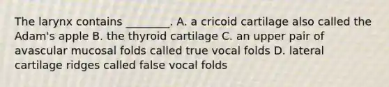 The larynx contains ________. A. a cricoid cartilage also called the Adam's apple B. the thyroid cartilage C. an upper pair of avascular mucosal folds called true vocal folds D. lateral cartilage ridges called false vocal folds