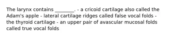 The larynx contains ________. - a cricoid cartilage also called the Adam's apple - lateral cartilage ridges called false vocal folds - the thyroid cartilage - an upper pair of avascular mucosal folds called true vocal folds