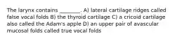 The larynx contains ________. A) lateral cartilage ridges called false vocal folds B) the thyroid cartilage C) a cricoid cartilage also called the Adam's apple D) an upper pair of avascular mucosal folds called true vocal folds