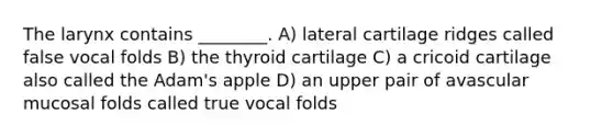 The larynx contains ________. A) lateral cartilage ridges called false vocal folds B) the thyroid cartilage C) a cricoid cartilage also called the Adam's apple D) an upper pair of avascular mucosal folds called true vocal folds