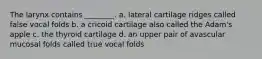 The larynx contains ________. a. lateral cartilage ridges called false vocal folds b. a cricoid cartilage also called the Adam's apple c. the thyroid cartilage d. an upper pair of avascular mucosal folds called true vocal folds