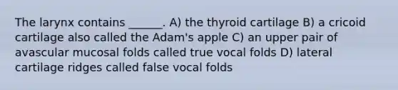 The larynx contains ______. A) the thyroid cartilage B) a cricoid cartilage also called the Adam's apple C) an upper pair of avascular mucosal folds called true vocal folds D) lateral cartilage ridges called false vocal folds