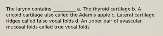 The larynx contains __________ a. The thyroid cartilage b. A cricoid cartilage also called the Adam's apple c. Lateral cartilage ridges called false vocal folds d. An upper pair of avascular mucosal folds called true vocal folds