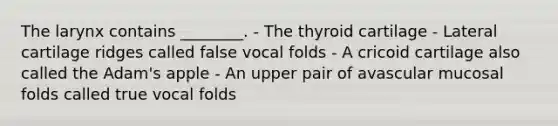 The larynx contains ________. - The thyroid cartilage - Lateral cartilage ridges called false vocal folds - A cricoid cartilage also called the Adam's apple - An upper pair of avascular mucosal folds called true vocal folds