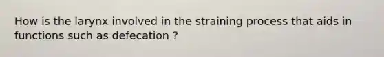 How is the larynx involved in the straining process that aids in functions such as defecation ?