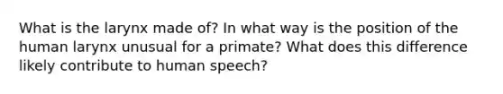 What is the larynx made of? In what way is the position of the human larynx unusual for a primate? What does this difference likely contribute to human speech?