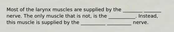 Most of the larynx muscles are supplied by the ________ _______ nerve. The only muscle that is not, is the ___________. Instead, this muscle is supplied by the __________ __________ nerve.