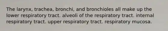 The larynx, trachea, bronchi, and bronchioles all make up the lower respiratory tract. alveoli of the respiratory tract. internal respiratory tract. upper respiratory tract. respiratory mucosa.