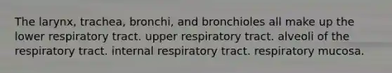 The larynx, trachea, bronchi, and bronchioles all make up the lower respiratory tract. upper respiratory tract. alveoli of the respiratory tract. internal respiratory tract. respiratory mucosa.