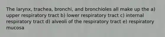 The larynx, trachea, bronchi, and bronchioles all make up the a) upper respiratory tract b) lower respiratory tract c) internal respiratory tract d) alveoli of the respiratory tract e) respiratory mucosa