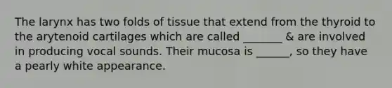 The larynx has two folds of tissue that extend from the thyroid to the arytenoid cartilages which are called _______ & are involved in producing vocal sounds. Their mucosa is ______, so they have a pearly white appearance.