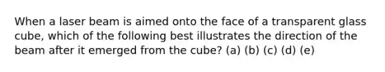 When a laser beam is aimed onto the face of a transparent glass cube, which of the following best illustrates the direction of the beam after it emerged from the cube? (a) (b) (c) (d) (e)