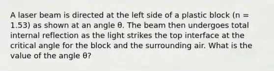 A laser beam is directed at the left side of a plastic block (n = 1.53) as shown at an angle θ. The beam then undergoes total internal reflection as the light strikes the top interface at the critical angle for the block and the surrounding air. What is the value of the angle θ?