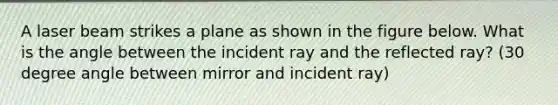 A laser beam strikes a plane as shown in the figure below. What is the angle between the incident ray and the reflected ray? (30 degree angle between mirror and incident ray)