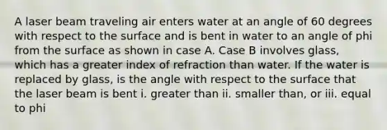 A laser beam traveling air enters water at an angle of 60 degrees with respect to the surface and is bent in water to an angle of phi from the surface as shown in case A. Case B involves glass, which has a greater index of refraction than water. If the water is replaced by glass, is the angle with respect to the surface that the laser beam is bent i. greater than ii. smaller than, or iii. equal to phi