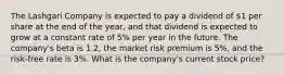 The Lashgari Company is expected to pay a dividend of 1 per share at the end of the year, and that dividend is expected to grow at a constant rate of 5% per year in the future. The company's beta is 1.2, the market risk premium is 5%, and the risk-free rate is 3%. What is the company's current stock price?