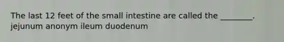 The last 12 feet of the small intestine are called the ________. jejunum anonym ileum duodenum