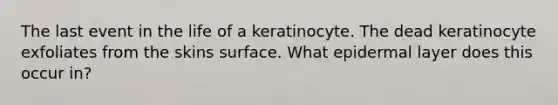 The last event in the life of a keratinocyte. The dead keratinocyte exfoliates from the skins surface. What epidermal layer does this occur in?