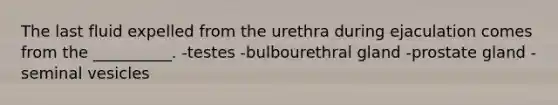 The last fluid expelled from the urethra during ejaculation comes from the __________. -testes -bulbourethral gland -prostate gland -seminal vesicles