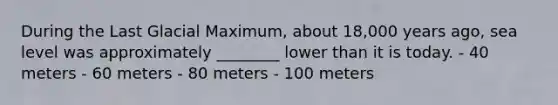 During the Last Glacial Maximum, about 18,000 years ago, sea level was approximately ________ lower than it is today. - 40 meters - 60 meters - 80 meters - 100 meters