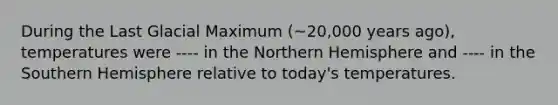 During the Last Glacial Maximum (~20,000 years ago), temperatures were ---- in the Northern Hemisphere and ---- in the Southern Hemisphere relative to today's temperatures.