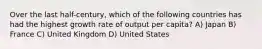 Over the last half-century, which of the following countries has had the highest growth rate of output per capita? A) Japan B) France C) United Kingdom D) United States