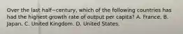 Over the last half−​century, which of the following countries has had the highest growth rate of output per​ capita? A. France. B. Japan. C. United Kingdom. D. United States.