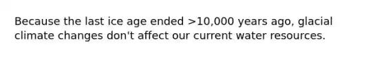 Because the last ice age ended >10,000 years ago, glacial climate changes don't affect our current water resources.