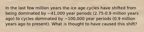 In the last few million years the ice age cycles have shifted from being dominated by ~41,000 year periods (2.75-0.9 million years ago) to cycles dominated by ~100,000 year periods (0.9 million years ago to present). What is thought to have caused this shift?