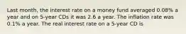 Last month, the interest rate on a money fund averaged 0.08% a year and on 5-year CDs it was 2.6 a year. The inflation rate was 0.1% a year. The real interest rate on a 5-year CD is