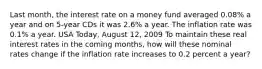 Last​ month, the interest rate on a money fund averaged​ 0.08% a year and on​ 5-year CDs it was​ 2.6% a year. The inflation rate was​ 0.1% a year. USA​ Today, August​ 12, 2009 To maintain these real interest rates in the coming​ months, how will these nominal rates change if the inflation rate increases to 0.2 percent a​ year?