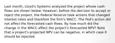 Last month, Lloyd's Systems analyzed the project whose cash flows are shown below. However, before the decision to accept or reject the project, the Federal Reserve took actions that changed interest rates and therefore the firm's WACC. The Fed's action did not affect the forecasted cash flows. By how much did the change in the WACC affect the project's forecasted NPV? Note that a project's projected NPV can be negative, in which case it should be rejected.