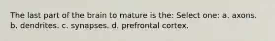 The last part of the brain to mature is the: Select one: a. axons. b. dendrites. c. synapses. d. prefrontal cortex.