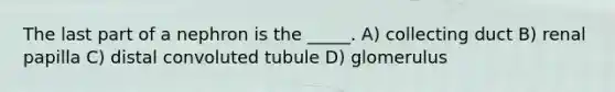 The last part of a nephron is the _____. A) collecting duct B) renal papilla C) distal convoluted tubule D) glomerulus