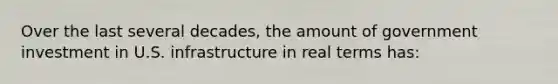 Over the last several decades, the amount of government investment in U.S. infrastructure in real terms has: