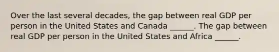 Over the last several​ decades, the gap between real GDP per person in the United States and Canada ​______. The gap between real GDP per person in the United States and Africa ​______.