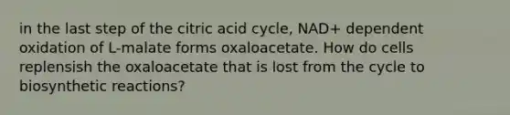 in the last step of the citric acid cycle, NAD+ dependent oxidation of L-malate forms oxaloacetate. How do cells replensish the oxaloacetate that is lost from the cycle to biosynthetic reactions?