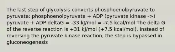 The last step of glycolysis converts phosphoenolpyruvate to pyruvate: phosphoenolpyruvate + ADP (pyruvate kinase ->) pyruvate + ADP deltaG = -33 kJ/mol = -7.5 kcal/mol The delta G of the reverse reaction is +31 kJ/mol (+7.5 kcal/mol). Instead of reversing the pyruvate kinase reaction, the step is bypassed in gluconeogenesis