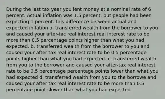 During the last tax year you lent money at a nominal rate of 6 percent. Actual inflation was 1.5 percent, but people had been expecting 1 percent. this difference between actual and expected inflation a. transferred wealth from the borrower to you and caused your after-tac real interest real interest rate to be more than 0.5 percentage points higher than what you had expected. b. transferred wealth from the borrower to you and caused your after-tax real interest rate to be 0.5 percentage points higher than what you had expected. c. transferred wealth from you to the borrower and caused your after-tax real interest rate to be 0.5 percentage percentage points lower than what you had expected d. transferred wealth from you to the borrowe and caused your after-tax real interest rate to be more than 0.5 percentage point slower than what you had expected