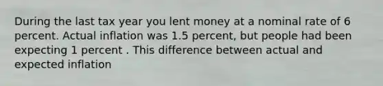 During the last tax year you lent money at a nominal rate of 6 percent. Actual inflation was 1.5 percent, but people had been expecting 1 percent . This difference between actual and expected inflation