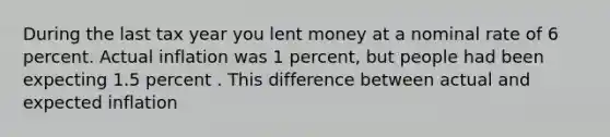 During the last tax year you lent money at a nominal rate of 6 percent. Actual inflation was 1 percent, but people had been expecting 1.5 percent . This difference between actual and expected inflation