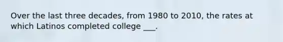 Over the last three decades, from 1980 to 2010, the rates at which Latinos completed college ___.