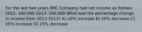 For the last two years BRC Company had net income as follows: 2012: 160,000 2013: 200,000 What was the percentage change in income from 2012-2013? A) 20% increase B) 20% decrease C) 25% increase D) 25% decrease