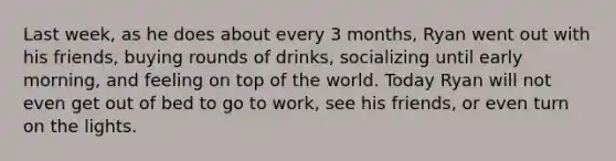 Last week, as he does about every 3 months, Ryan went out with his friends, buying rounds of drinks, socializing until early morning, and feeling on top of the world. Today Ryan will not even get out of bed to go to work, see his friends, or even turn on the lights.