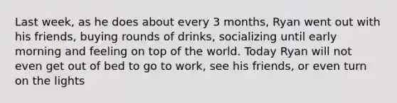 Last week, as he does about every 3 months, Ryan went out with his friends, buying rounds of drinks, socializing until early morning and feeling on top of the world. Today Ryan will not even get out of bed to go to work, see his friends, or even turn on the lights