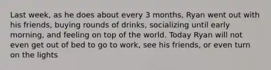 Last week, as he does about every 3 months, Ryan went out with his friends, buying rounds of drinks, socializing until early morning, and feeling on top of the world. Today Ryan will not even get out of bed to go to work, see his friends, or even turn on the lights