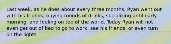 Last week, as he does about every three months, Ryan went out with his friends, buying rounds of drinks, socializing until early morning, and feeling on top of the world. Today Ryan will not even get out of bed to go to work, see his friends, or even turn on the lights