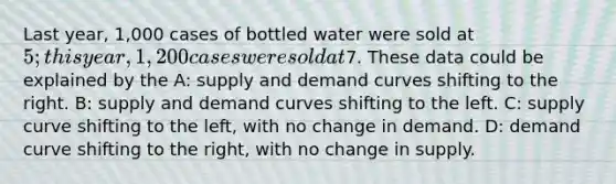 Last year, 1,000 cases of bottled water were sold at 5; this year, 1,200 cases were sold at7. These data could be explained by the A: supply and demand curves shifting to the right. B: supply and demand curves shifting to the left. C: supply curve shifting to the left, with no change in demand. D: demand curve shifting to the right, with no change in supply.